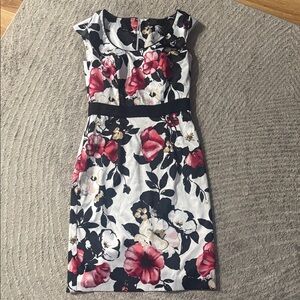 White House Black Market Red and Black Floral Midi Dress lightly used